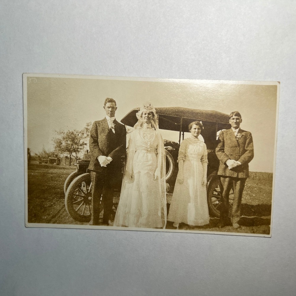 VTG 1915 Antique RPPC Photo Postcard Wedding‎ Bride Groom Automobile Model T USA